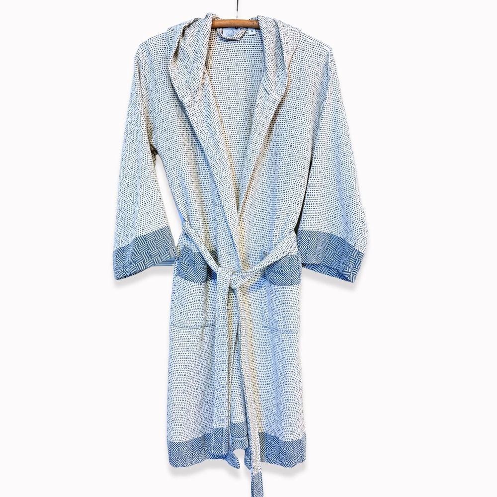 Lets Talk Towels Turkish Cotton Hooded Robe Blue White Block Print S Cottagecore